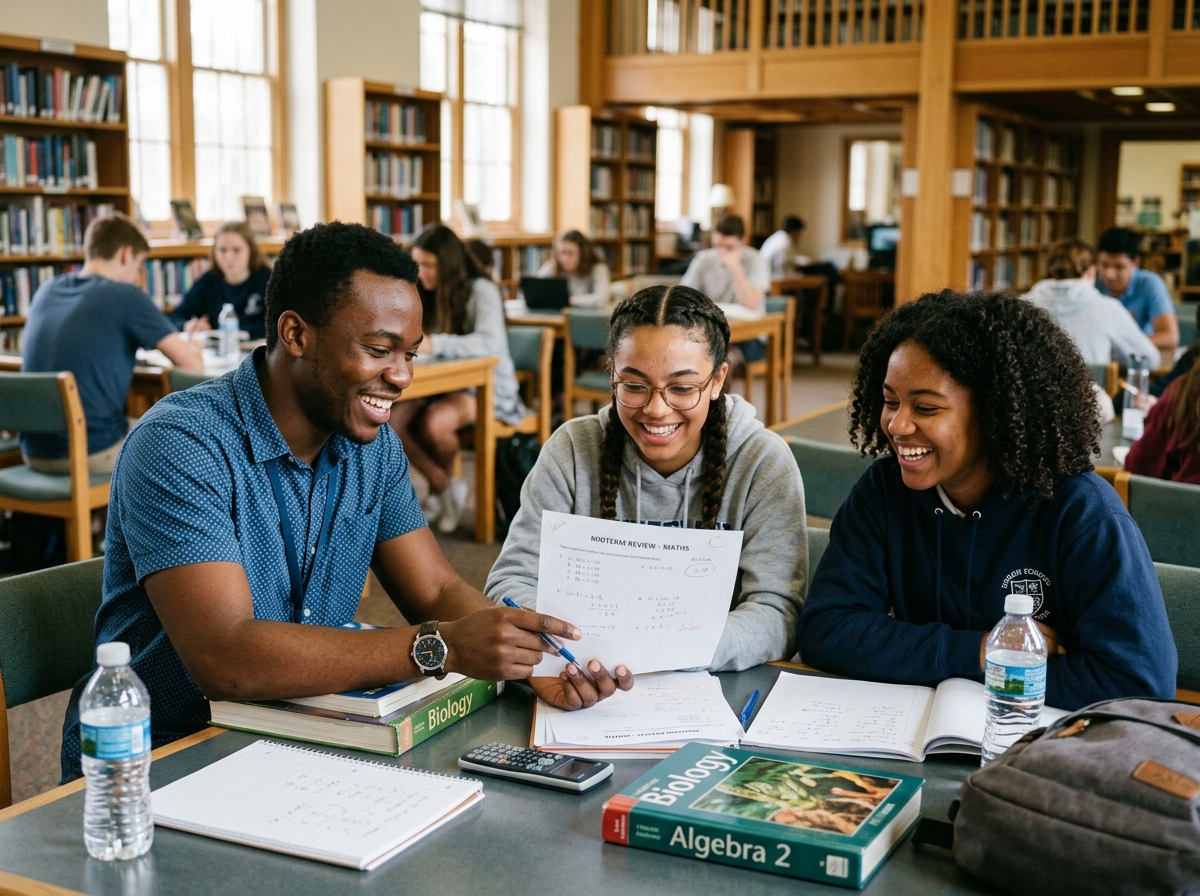 Teacher and students reviewing questions together in library